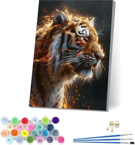 Tiger Malen Nach Zahlen Erwachsene Mit Rahmen, Malen Nach Zahlen Tier, DIY Set Erwachsene Mit 3 Pinseln und Acrylfarbe Knitterfreie Leinwand, Paint by Numbers für Deko Wohnzimmer 40x50cm P-9106 von KUEAJIOU