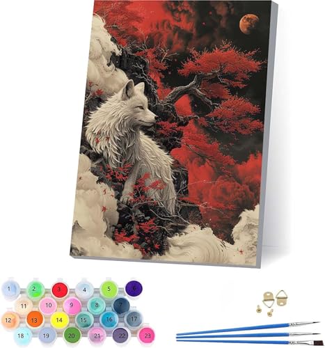 Wolf Malen Nach Zahlen Erwachsene Mit Rahmen, Malen Nach Zahlen Baum, DIY Set Erwachsene Mit 3 Pinseln und Acrylfarbe, Paint by Numbers für Deko Wohnzimmer, Geschenke für Frauen 100x135cm Y-6532 von KUEAJIOU