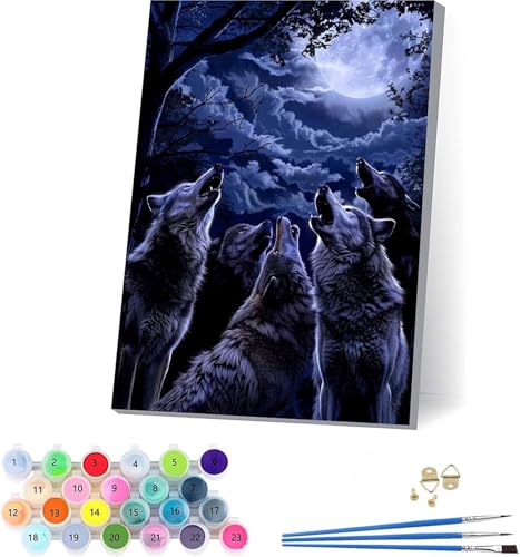 Wolf Malen Nach Zahlen Erwachsene Mit Rahmen, Malen Nach Zahlen Baum, DIY Set Erwachsene Mit 3 Pinseln und Acrylfarbe, Paint by Numbers für Deko Wohnzimmer, Geschenke für Frauen 70x95cm F-7353 von KUEAJIOU