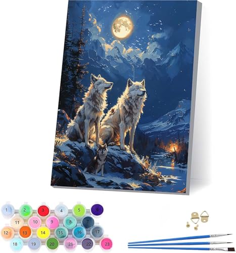 Wolf Malen Nach Zahlen Erwachsene Mit Rahmen, Malen Nach Zahlen Berg, DIY Set Erwachsene Mit 3 Pinseln und Acrylfarbe, Paint by Numbers für Deko Wohnzimmer, Geschenke für Frauen 100x130cm 6-6673 von KUEAJIOU