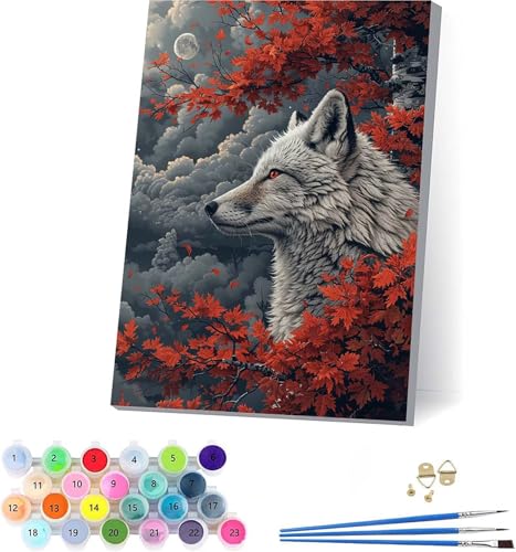 Wolf Malen Nach Zahlen Erwachsene Mit Rahmen, Malen Nach Zahlen BläTter, DIY Set Erwachsene Mit 3 Pinseln und Acrylfarbe, Paint by Numbers für Deko Wohnzimmer, Geschenke für Frauen 70x95cm M-2925 von KUEAJIOU