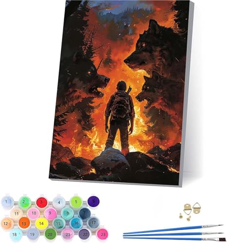 Wolf Malen Nach Zahlen Erwachsene Mit Rahmen, Malen Nach Zahlen Flamme, DIY Set Erwachsene Mit 3 Pinseln und Acrylfarbe, Paint by Numbers für Deko Wohnzimmer, Geschenke für Frauen 70x95cm 8-3408 von KUEAJIOU