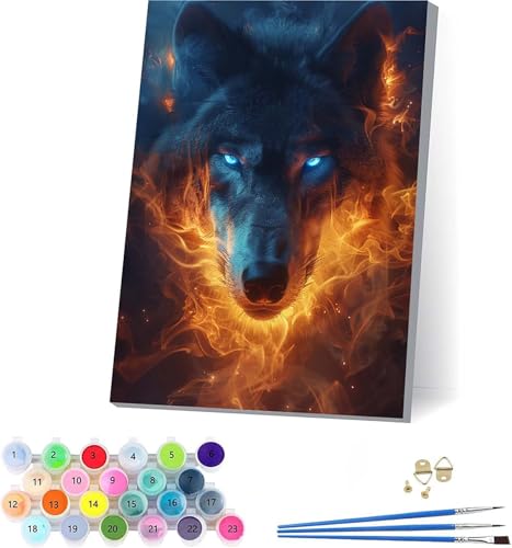 Wolf Malen Nach Zahlen Erwachsene Mit Rahmen, Malen Nach Zahlen Flamme, DIY Set Erwachsene Mit 3 Pinseln und Acrylfarbe, Paint by Numbers für Deko Wohnzimmer, Geschenke für Frauen 70x95cm G-1638 von KUEAJIOU