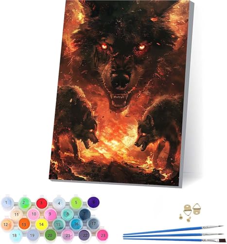 Wolf Malen Nach Zahlen Erwachsene Mit Rahmen, Malen Nach Zahlen Flamme, DIY Set Erwachsene Mit 3 Pinseln und Acrylfarbe Knitterfreie Leinwand, Paint by Numbers für Deko Wohnzimmer 40x50cm O-3126 von KUEAJIOU