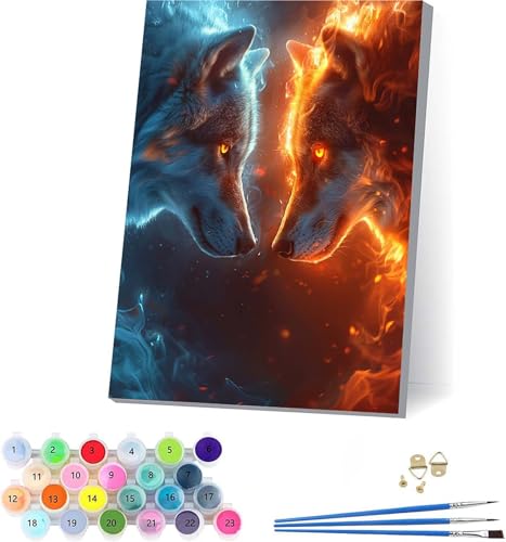 Wolf Malen Nach Zahlen Erwachsene Mit Rahmen, Malen Nach Zahlen Flamme, DIY Set Erwachsene Mit 3 Pinseln und Acrylfarbe Knitterfreie Leinwand, Paint by Numbers für Deko Wohnzimmer 70x95cm 7-9857 von KUEAJIOU