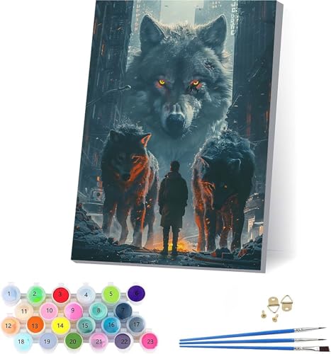 Wolf Malen Nach Zahlen Erwachsene Mit Rahmen, Malen Nach Zahlen Mann, DIY Set Erwachsene Mit 3 Pinseln und Acrylfarbe Knitterfreie Leinwand, Paint by Numbers für Deko Wohnzimmer 50x65cm S-7505 von KUEAJIOU