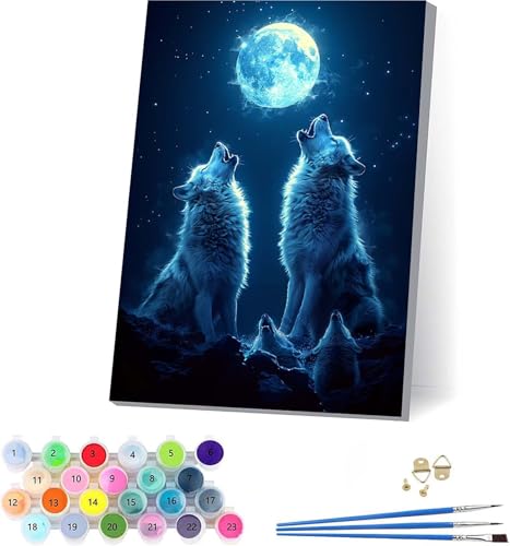 Wolf Malen Nach Zahlen Erwachsene Mit Rahmen, Malen Nach Zahlen Mond, DIY Set Erwachsene Mit 3 Pinseln und Acrylfarbe, Paint by Numbers für Deko Wohnzimmer, Geschenke für Frauen 100x130cm F-9879 von KUEAJIOU
