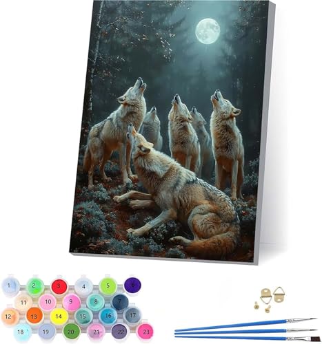 Wolf Malen Nach Zahlen Erwachsene Mit Rahmen, Malen Nach Zahlen Mond, DIY Set Erwachsene Mit 3 Pinseln und Acrylfarbe, Paint by Numbers für Deko Wohnzimmer, Geschenke für Frauen 100x135cm 3-1334 von KUEAJIOU