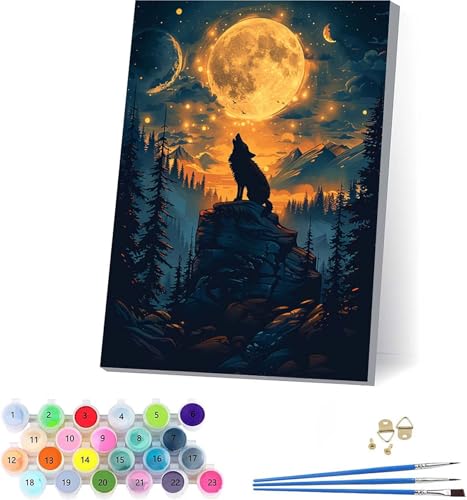 Wolf Malen Nach Zahlen Erwachsene Mit Rahmen, Malen Nach Zahlen Mond, DIY Set Erwachsene Mit 3 Pinseln und Acrylfarbe, Paint by Numbers für Deko Wohnzimmer, Geschenke für Frauen 30x40cm 7-6013 von KUEAJIOU