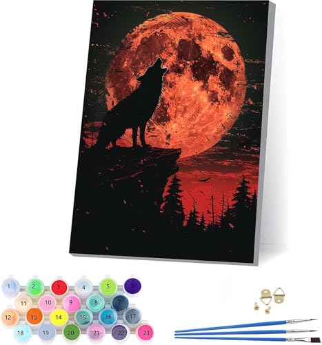 Wolf Malen Nach Zahlen Erwachsene Mit Rahmen, Malen Nach Zahlen Sonne, DIY Set Erwachsene Mit 3 Pinseln und Acrylfarbe Knitterfreie Leinwand, Paint by Numbers für Deko Wohnzimmer 30x40cm 6-1252 von KUEAJIOU