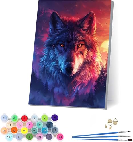Wolf Malen Nach Zahlen Erwachsene Mit Rahmen, Malen Nach Zahlen Sonnenuntergang, DIY Set Erwachsene Mit 3 Pinseln und Acrylfarbe, Deko Wohnzimmer und Wanddeko, Geschenke für Frauen 70x95cm 5-9544 von KUEAJIOU