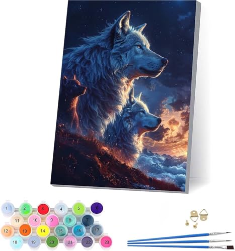 Wolf Malen Nach Zahlen Erwachsene Mit Rahmen, Malen Nach Zahlen Sonnenuntergang, DIY Set Erwachsene Mit 3 Pinseln und Acrylfarbe Knitterfreie Leinwand, Deko Wohnzimmer und Wanddeko 70x95cm 5-4836 von KUEAJIOU