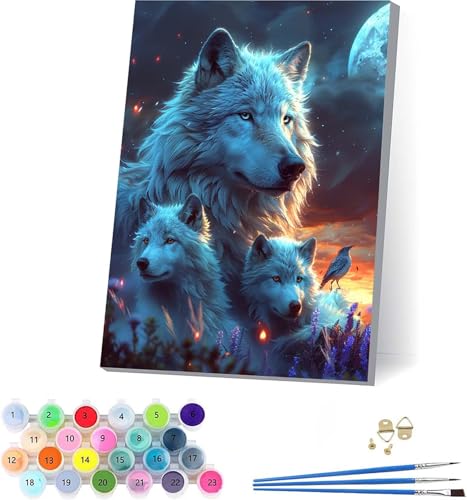 Wolf Malen Nach Zahlen Erwachsene Mit Rahmen, Malen Nach Zahlen Sonnenuntergang, DIY Set Erwachsene Mit 3 Pinseln und Acrylfarbe Knitterfreie Leinwand, Deko Wohnzimmer und Wanddeko 70x95cm S-3626 von KUEAJIOU