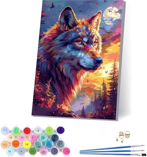 Wolf Malen Nach Zahlen Erwachsene Mit Rahmen, Malen Nach Zahlen Sonnenuntergang, DIY Set Erwachsene Mit 3 Pinseln und Acrylfarbe Knitterfreie Leinwand, Deko Wohnzimmer und Wanddeko 70x95cm V-1182 von KUEAJIOU