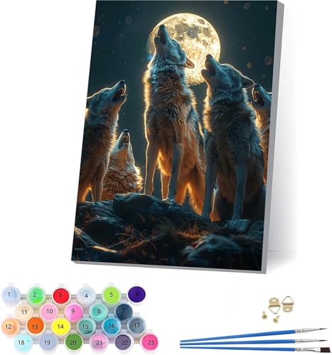 Wolf Malen Nach Zahlen Erwachsene Mit Rahmen, Malen Nach Zahlen Tier, DIY Set Erwachsene Mit 3 Pinseln und Acrylfarbe, Paint by Numbers für Deko Wohnzimmer, Geschenke für Frauen 100x135cm 1-6091 von KUEAJIOU