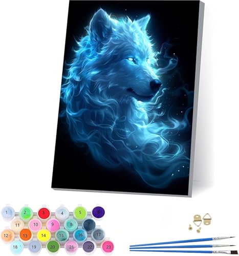 Wolf Malen Nach Zahlen Erwachsene Mit Rahmen, Malen Nach Zahlen Tier, DIY Set Erwachsene Mit 3 Pinseln und Acrylfarbe, Paint by Numbers für Deko Wohnzimmer, Geschenke für Frauen 70x95cm 4-1082 von KUEAJIOU