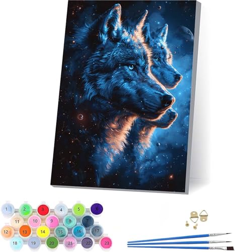 Wolf Malen Nach Zahlen Erwachsene Mit Rahmen, Malen Nach Zahlen Tier, DIY Set Erwachsene Mit 3 Pinseln und Acrylfarbe, Paint by Numbers für Deko Wohnzimmer, Geschenke für Frauen 70x95cm 4-9655 von KUEAJIOU