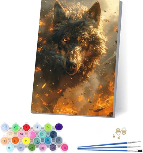 Wolf Malen Nach Zahlen Erwachsene Mit Rahmen, Malen Nach Zahlen Tier, DIY Set Erwachsene Mit 3 Pinseln und Acrylfarbe, Paint by Numbers für Deko Wohnzimmer, Geschenke für Frauen 70x95cm G-3909 von KUEAJIOU