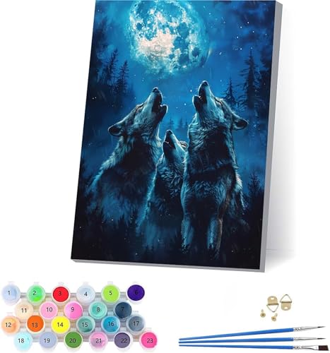 Wolf Malen Nach Zahlen Erwachsene Mit Rahmen, Malen Nach Zahlen Tier, DIY Set Erwachsene Mit 3 Pinseln und Acrylfarbe Knitterfreie Leinwand, Paint by Numbers für Deko Wohnzimmer 100x135cm G-8176 von KUEAJIOU