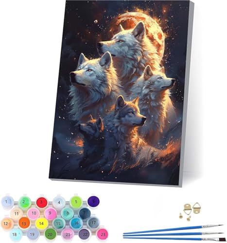 Wolf Malen Nach Zahlen Erwachsene Mit Rahmen, Malen Nach Zahlen Tier, DIY Set Erwachsene Mit 3 Pinseln und Acrylfarbe Knitterfreie Leinwand, Paint by Numbers für Deko Wohnzimmer 100x135cm K-9087 von KUEAJIOU