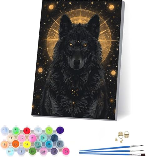Wolf Malen Nach Zahlen Erwachsene Mit Rahmen, Malen Nach Zahlen Tier, DIY Set Erwachsene Mit 3 Pinseln und Acrylfarbe Knitterfreie Leinwand, Paint by Numbers für Deko Wohnzimmer 30x40cm M-2319 von KUEAJIOU