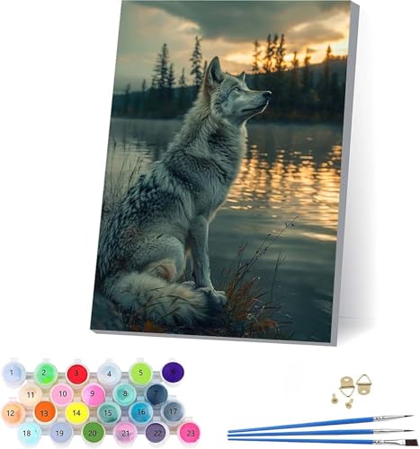 Wolf Malen Nach Zahlen Erwachsene Mit Rahmen, Malen Nach Zahlen Tier, DIY Set Erwachsene Mit 3 Pinseln und Acrylfarbe Knitterfreie Leinwand, Paint by Numbers für Deko Wohnzimmer 40x50cm F-7483 von KUEAJIOU