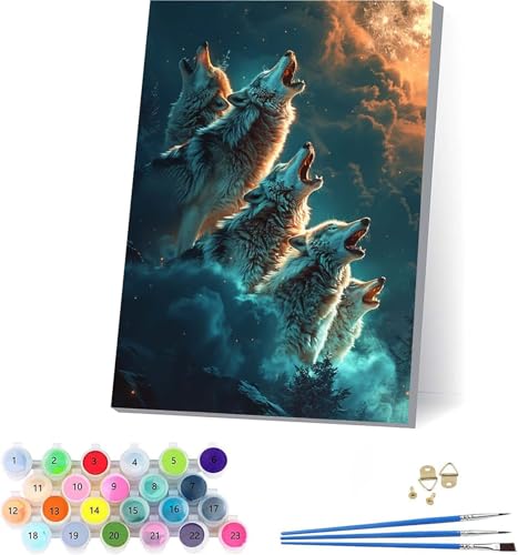 Wolf Malen Nach Zahlen Erwachsene Mit Rahmen, Malen Nach Zahlen Tier, DIY Set Erwachsene Mit 3 Pinseln und Acrylfarbe Knitterfreie Leinwand, Paint by Numbers für Deko Wohnzimmer 70x95cm D-7200 von KUEAJIOU