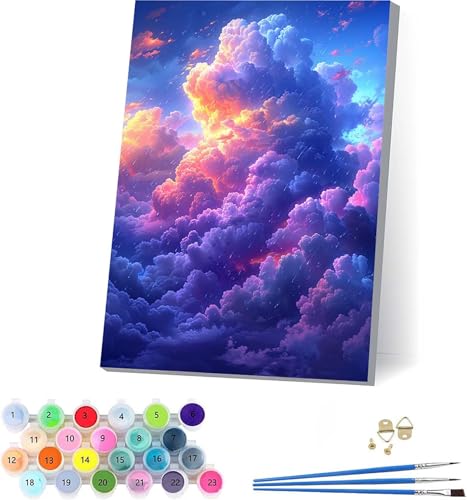 Wolke Malen Nach Zahlen Erwachsene Mit Rahmen, Malen Nach Zahlen Landschaft, DIY Set Erwachsene Mit 3 Pinseln und Acrylfarbe, Paint by Numbers für Deko Wohnzimmer, Geschenke für Frauen 30x40cm A-8945 von KUEAJIOU