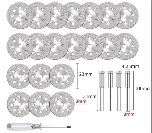 20 Stück Präzise Diamant Trennscheiben (22mm) für Dremel Zubehör, Optimiert für Stein-, Glas- & Fliesenbearbeitung mit 4 Stück 3 mm Dornen und 1 Stück Kreuzschraubendreher von KUEEA
