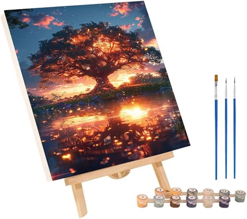 Baum Des Lebens Malen Nach Zahlen Erwachsene mit Rahmen, Malen Nach Zahlen Sonnenuntergang, DIY Set Erwachsene, Paint by Numbers Set mit Pinseln und Acrylfarben, Deko Wohnzimmer 50x65cm 4-1443 von KUEGDUNG