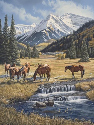 Berg Malen Nach Zahlen Erwachsene, Malen Nach Zahlen Horse, DIY Set Erwachsene Mit 3 Pinseln und Acrylfarbe, Paint by Numbers Handgemalt Ölgemälde Kit für Deko Wohnzimmer Geschenke 50x65cm B-2065 von KUEGDUNG