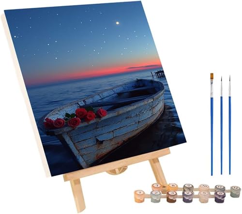 Boot Malen Nach Zahlen Erwachsene mit Rahmen, Malen Nach Zahlen Blume, DIY Set Erwachsene, Paint by Numbers Set mit Pinseln und Acrylfarben, Deko Wohnzimmer, Geschenke für Frauen 70x95cm 8-2354 von KUEGDUNG