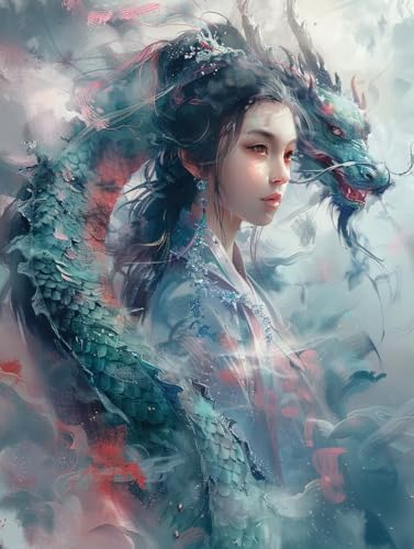 Diamond Painting Frau, Drachen Diamond Painting Erwachsene, 5D DIY Bastelset Erwachsene Frauen, Vollbohrer Diamanten Malerei Stickerei Kreuzstich Set für Deko Wohnzimmer, Geschenke 30x40cm 1-8961 von KUEGDUNG