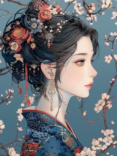 Diamond Painting Japanische Frauen, Blume 5D Diamond Painting Erwachsene, DIY Basteln Erwachsene, Vollbohrer Diamant Kunst Stickerei Kreuzstich Kits, Deko Wohnzimmer und Wanddeko 100x130cm 0-7464 von KUEGDUNG
