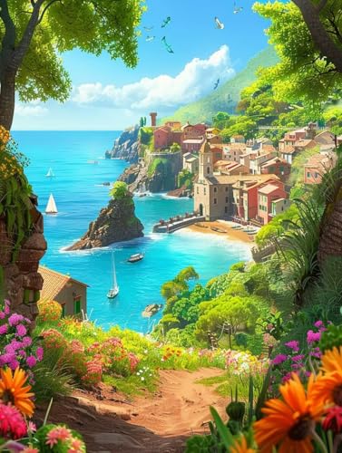Diamond Painting Landschaft Diamond Painting Kinder, 5D HäUser Bastelset Erwachsene, Mosaikherstellung, DIY Vollbohrer Diamanten Malerei Stickerei Kreuzstich Set für Deko Wohnzimmer 100x130cm 6-3900 von KUEGDUNG