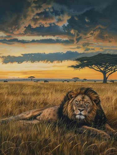 Diamond Painting LöWe, Sonnenuntergang 5D Diamond Painting Erwachsene, DIY Basteln Erwachsene, Vollbohrer Diamant Kunst Stickerei Kreuzstich Kits, Deko Wohnzimmer und Wanddeko 100x130cm 3-6357 von KUEGDUNG
