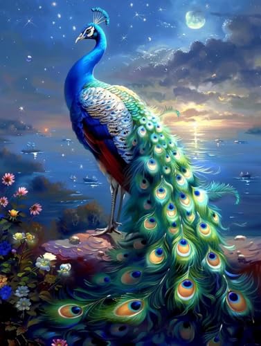 Diamond Painting Pfau, Mond Diamond Painting Erwachsene, 5D DIY Bastelset Erwachsene Frauen, Vollbohrer Diamanten Malerei Stickerei Kreuzstich Set für Deko Wohnzimmer, Geschenke 100x130cm C-6828 von KUEGDUNG