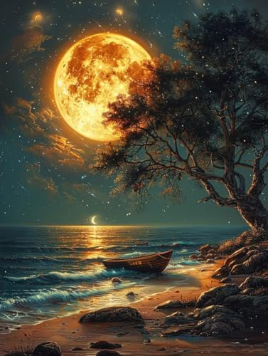 Diamond Painting Strand, Mond 5D Diamond Painting Erwachsene, DIY Basteln Erwachsene, Vollbohrer Diamant Kunst Stickerei Kreuzstich Kits, Deko Wohnzimmer und Wanddeko, Geschenke 90x120cm 2-2274 von KUEGDUNG