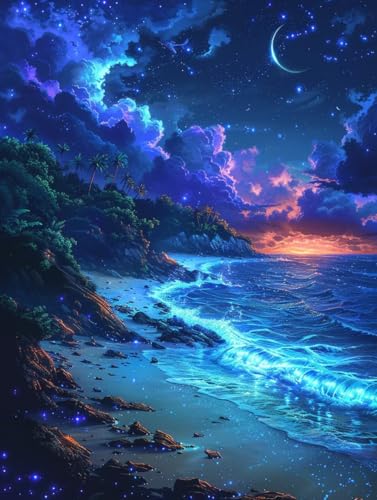 Diamond Painting Strand, Sonnenuntergang 5D Diamond Painting Erwachsene, DIY Basteln Erwachsene, Vollbohrer Diamant Kunst Stickerei Kreuzstich Kits, Deko Wohnzimmer und Wanddeko 100x135cm E-9201 von KUEGDUNG