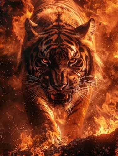 Diamond Painting Tiger, Flamme 5D Diamond Painting Erwachsene, DIY Basteln Erwachsene, Vollbohrer Diamant Kunst Stickerei Kreuzstich Kits, Deko Wohnzimmer und Wanddeko, Geschenke 90x120cm 3-9536 von KUEGDUNG