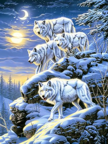 Diamond Painting Wolf, Mond 5D Diamond Painting Erwachsene, DIY Basteln Erwachsene, Vollbohrer Diamant Kunst Stickerei Kreuzstich Kits, Deko Wohnzimmer und Wanddeko, Geschenke 100x130cm Z-2435 von KUEGDUNG