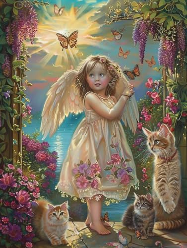 Engel Malen Nach Zahlen Erwachsene, Malen Nach Zahlen Katze, DIY Set Erwachsene Mit 3 Pinseln und Acrylfarbe, Paint by Numbers Handgemalt Ölgemälde Kit für Deko Wohnzimmer Geschenke 70x95cm 0-7047 von KUEGDUNG
