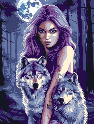 Frau Malen Nach Zahlen Erwachsene, Malen Nach Zahlen Wolf, DIY Set Erwachsene Mit 3 Pinseln und Acrylfarbe, Paint by Numbers Handgemalt Ölgemälde Kit für Deko Wohnzimmer Geschenke 30x40cm M-9277 von KUEGDUNG