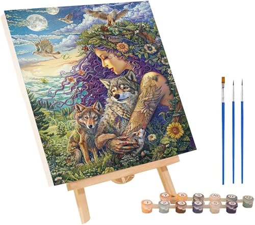 Frau Malen Nach Zahlen Erwachsene mit Rahmen, Malen Nach Zahlen Wolf, DIY Set Erwachsene, Paint by Numbers Set mit Pinseln und Acrylfarben, Deko Wohnzimmer, Geschenke für Frauen 40x50cm 8-6391 von KUEGDUNG