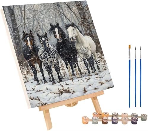 Horse Malen Nach Zahlen Erwachsene mit Rahmen, Malen Nach Zahlen Schneeszene, DIY Set Erwachsene, Paint by Numbers Set mit Pinseln und Acrylfarben, Deko Wohnzimmer, Geschenke für Frauen 30x40cm J-5865 von KUEGDUNG