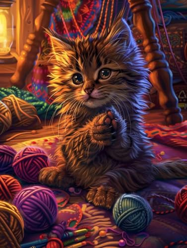 Katze Malen Nach Zahlen Erwachsene, Malen Nach Zahlen Niedlich, DIY Set Erwachsene Mit 3 Pinseln und Acrylfarbe, Paint by Numbers Handgemalt Ölgemälde Kit für Deko Wohnzimmer Geschenke 40x50cm 6-7320 von KUEGDUNG