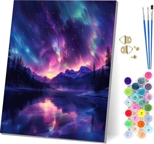 Malen Nach Zahlen Erwachsene Aurora, Malen Nach Zahlen Sternenhimmel, DIY Set Erwachsene Mit 3 Pinseln und Acrylfarbe, Paint by Numbers für Deko Wohnzimmer und Wanddeko, Geschenke 60x80cm 9-6524 von KUEGDUNG