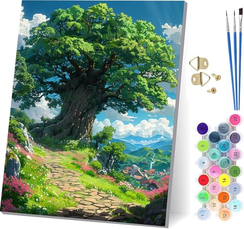 Malen Nach Zahlen Erwachsene Baum, Malen Nach Zahlen Landschaft, DIY Handgemalt Ölgemälde Kit Mit 3 Pinseln und Acrylfarbe, Paint by Numbers Basteln Erwachsene, für Deko Wohnzimmer 60x80cm B-8335 von KUEGDUNG
