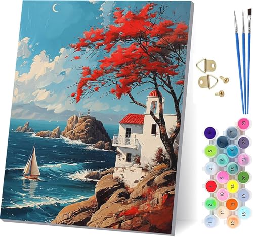 Malen Nach Zahlen Erwachsene Baum, Malen Nach Zahlen Landschaft, DIY Set Erwachsene Mit 3 Pinseln und Acrylfarbe, Paint by Numbers für Deko Wohnzimmer und Wanddeko, Geschenke für Frauen 60x80cm 8-8808 von KUEGDUNG