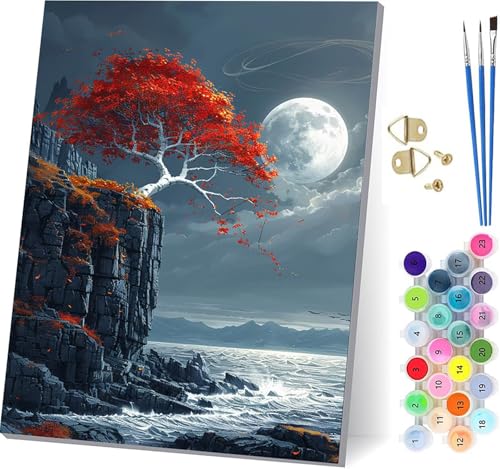 Malen Nach Zahlen Erwachsene Baum, Malen Nach Zahlen Mond, DIY Handgemalt Ölgemälde Kit Mit 3 Pinseln und Acrylfarbe, Paint by Numbers Basteln Erwachsene, für Deko Wohnzimmer Geschenke 60x80cm 8-9580 von KUEGDUNG